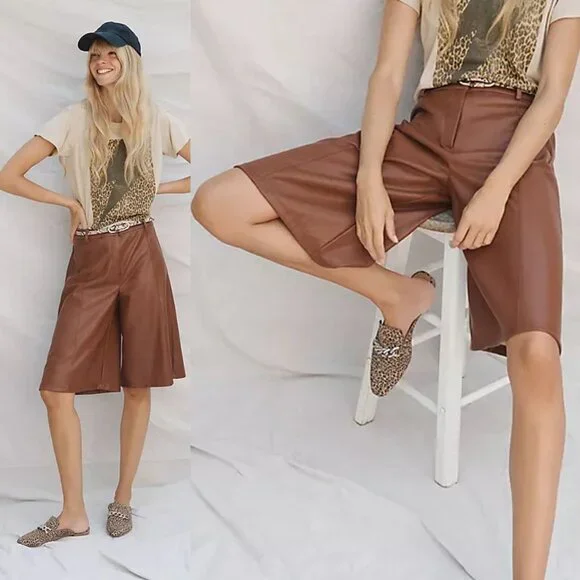 NEW Anthropologie Davina Faux Leather Culottes Pants Plus 14P Cognac Brown $128 - Picture 2 of 16